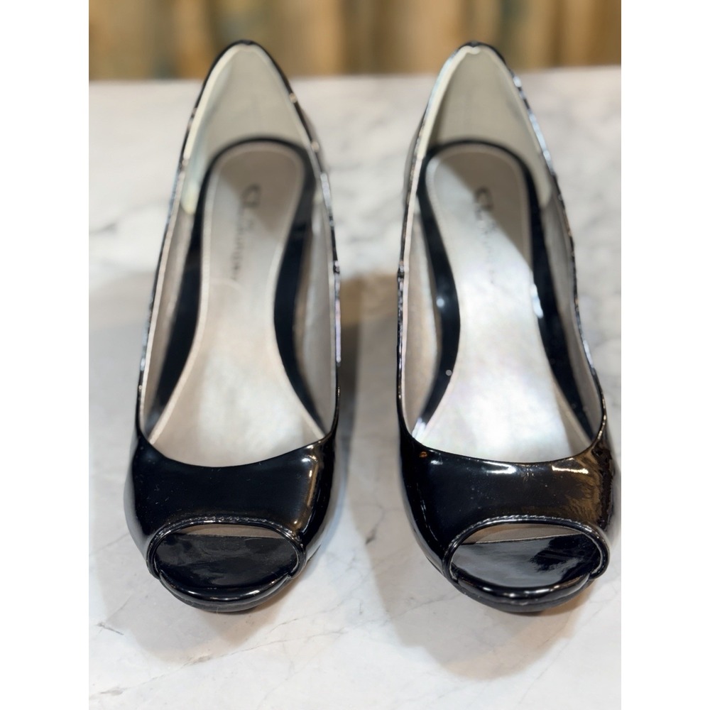 CL By Laundry Black Patent Peep Toe Wedge Heels Women's Size 10M Dress Shoes